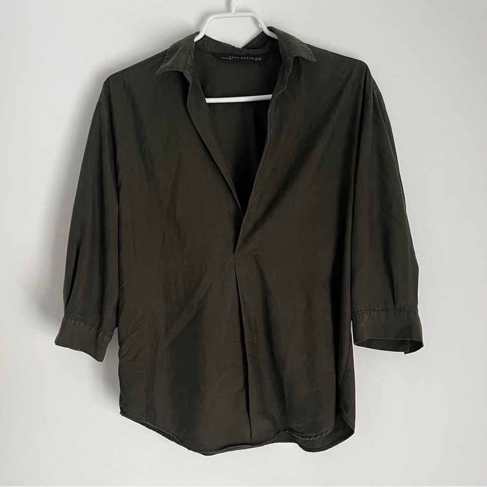 zara - dark green v-neck blouse
